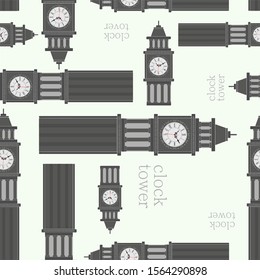 Cartoon clock tower. Seamless pattern.