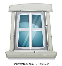 Caricatura en ventana cerrada/ Ilustración de una ventana cerrada con marco de piedra