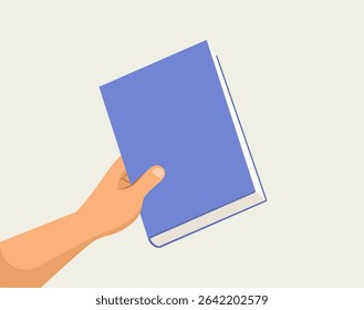 Cartoon close-up of an elementary student’s hand holding a book vector illustration. Drawing for education, literacy and school related design elements