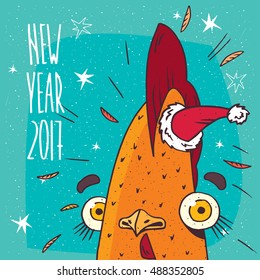 Cartoon from close-up of portrait funny and surprised cock or rooster with santa hat on blue background. New Year 2017 inscription. Vector illustration