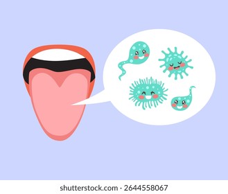 Cartoon close-up of a tongue showing green germ mascots. Represents bad breath and oral hygiene issues