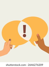 Cartoon close-up of two arms of different nationalities holding bright yellow speech bubbles with exclamation marks. Concept of conversation, communication and global dialogue
