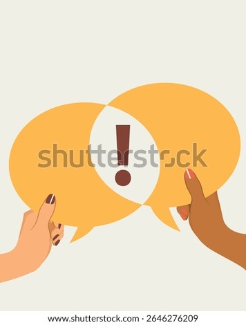 Cartoon close-up of two arms of different nationalities holding bright yellow speech bubbles with exclamation marks. Concept of conversation, communication and global dialogue