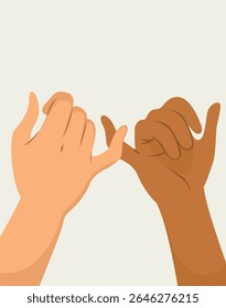 Close de desenhos animados de dois braços de pessoas de diferentes etnias fazendo um gesto minúsculo de promessa. Conceito de desenho para lealdade, confiança e compromisso em um fundo bege