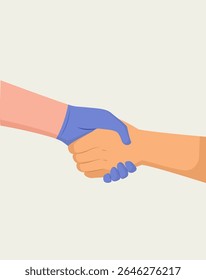 Cartoon close-up vector illustration showing a handshake between a gloved hand of a doctor and the bare hand of a male patient. Symbol of trust, care and agreement in healthcare