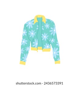 Cartoon Clothe Female Blue Yellow Jacket Flowers Print Concept Flat Design Style Isolated on a White Background. Vector illustration svg