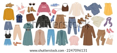 Cartoon clothes. Fashion clothing, coat, jeans and dress, men and women casual garments and accessories flat vector illustration set. Modern apparel collection