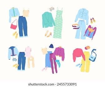 Cartoon Clothes Female Autumn Combo Set Concept Flat Design Style Isolated on a White Background. Vector illustration