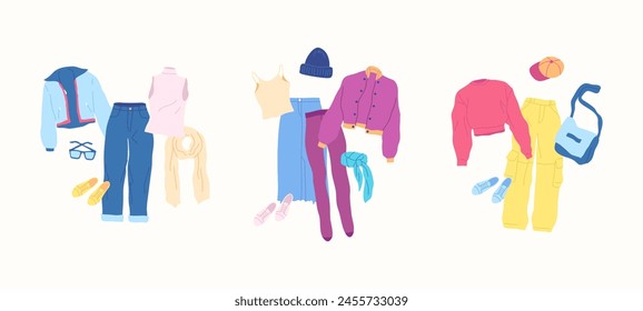 Cartoon Clothes Female Casual Combo Set Concept Flat Design Style Isolated on a White Background. Vector illustration