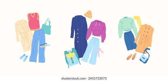 Ropa de dibujos animados Abrigo Femenino Conjunto Combo Concepto Diseño Plano Estilo Aislado sobre un Fondo Blanco. Ilustración vectorial