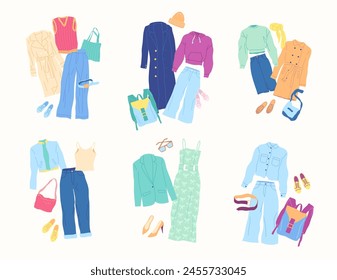 Ropa de dibujos animados Femenino Primavera Combo Set Concepto Diseño Plano Estilo Aislado sobre un Fondo Blanco. Ilustración vectorial