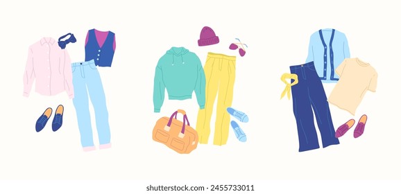 Ropa de dibujos animados masculina Primavera Combo Set Concepto Diseño plano Estilo aislado sobre un fondo blanco. Ilustración vectorial