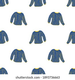 Cartoon clothing seamless pattern with navy blue sweaters elements on white background. Flat vector print for textile, fabric, giftwrap, wallpapers. Endless illustration.
