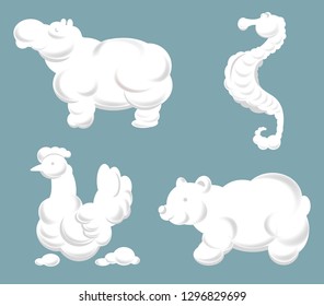 Cartoon cloud animal and birds silhouettes. bear and whale fish, zoo hippopotamus or owl and swan or mouse of white clouds. Vector isolated icons set