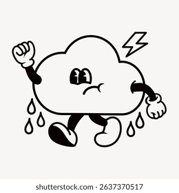 Cartoon cloud with arms and legs, showing an angry expression. Lightning bolt and raindrops emphasize its mood. Black and white illustration with bold lines. Cartoon illustration vector.