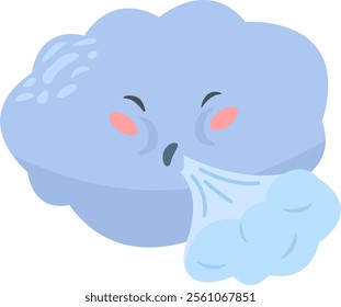 Cartoon cloud is blowing cold wind with its mouth, creating a gust of air, ideal for representing weather, meteorology, winter, or a funny character