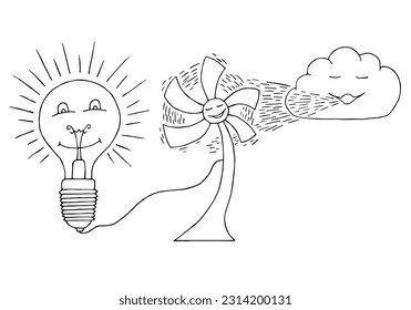 A cartoon cloud blows on a windmill that generates electricity for a light bulb. Drawing for children about green energy.	