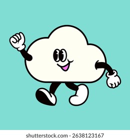 Cartoon cloud character with arms and legs, smiling and walking. Features expressive eyes and a cheerful demeanor. Set against a light blue background. Cartoon illustration vector.