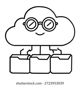 A cartoon cloud character with glasses is connected to three file folders, representing data storage.