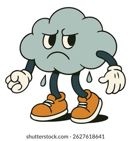 Cartoon cloud character looking sad with raindrops dripping, perfect for weather forecasts, gloomy mood illustrations, or environmental water cycle education.