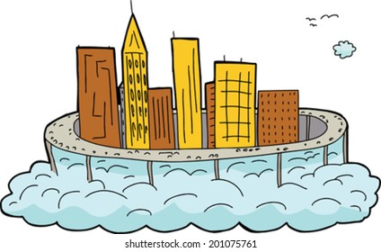 Cartoon cloud city floating over isolated white background
