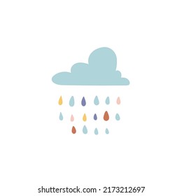 Nubes de dibujos animados con gotas de lluvia coloreadas. Papel infantil para prendas de vestir, guardería, tarjetas, carteles. 
