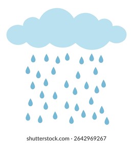 A cartoon cloud with falling rain drops. Represents rainy weather, storms, or sadness. A simple weather icon for forecasts, apps, or meteorological presentations.