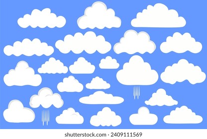 cartoon cloud in a flat design. White cloud collection Set of icon clouds. Weather symbols. Vector illustration isolated on blue background