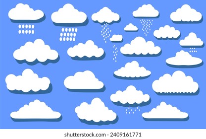 cartoon cloud in a flat design. White cloud collection Set of icon clouds. Weather symbols. Vector illustration isolated on blue background