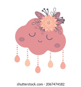 Cartoon cloud with flowers and raindrops. Cute print for kids. Vector illustration. Perfect for kids room decoration, prints, posters, postcards, baby fabric
