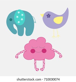 Cartoon cloud with hands and legs, elephant and bird, vector animals, abstract toys