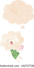 cartoon cloud head creature with thought bubble in grunge distressed retro textured style