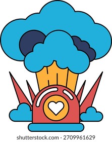 Una caricatura de una nube con un corazón encima. El corazón está rodeado por un escudo y la nube está en el fondo