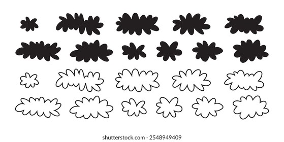 Conjunto de ícones de nuvem de desenhos animados, forma fofa. Vetor plano desenhado à mão doodle nuvens isoladas no fundo branco. Ilustração vetorial