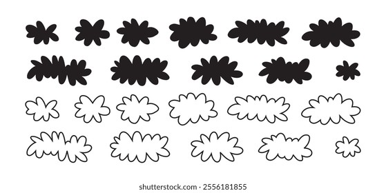 Cartoon cloud icon set, fluffy shape. Flat vector hand drawn doodle clouds isolated on white background. Vector illustration