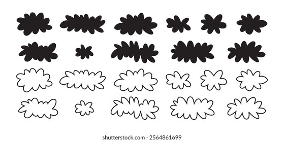 Cartoon cloud icon set, fluffy shape. Flat vector hand drawn doodle clouds isolated on white background. Vector illustration