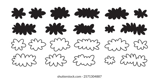 Cartoon cloud icon set, fluffy shape. Flat vector hand drawn doodle clouds isolated on white background. Vector illustration