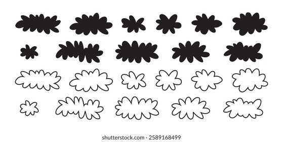 Cartoon cloud icon set, fluffy shape. Flat vector hand drawn doodle clouds isolated on white background. Vector illustration