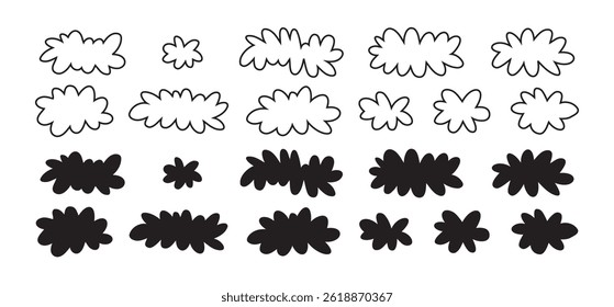 Cartoon cloud icon set, fluffy shape. Flat vector hand drawn doodle clouds isolated on white background. Vector illustration