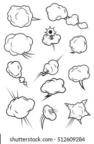 Cartoon Cloud Icons In Comic Book Style. Isolated Cumulus Outline Clouds. Vector Elements Of Smoke Puff, Steam Vapor, Fume Clap, Explosion Pierce, Thunderbolt Burst, Sharp Bang