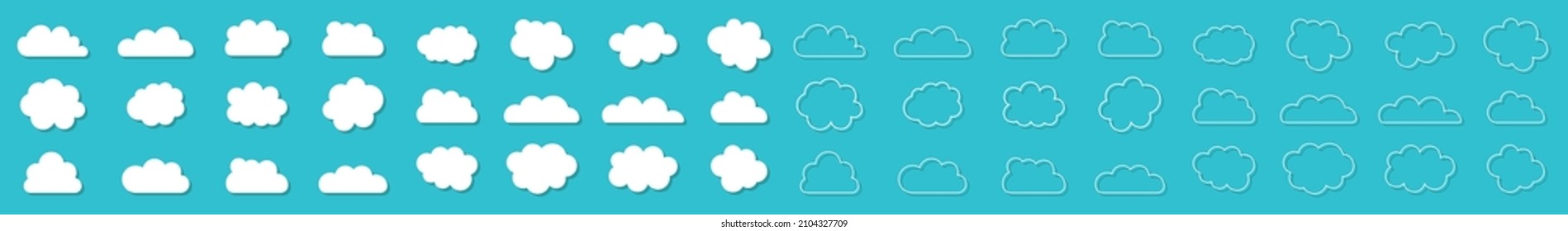 Cartoon cloud icons. Outline clouds. shapes in flat style. White clouds with shadow on blue background. Simple bubbles for speech. Symbols of forecast weather. Vector.