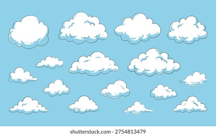 Cartoon cloud illustration collection featuring fluffy shapes, soft shading, floating sky elements, stylized weather vector design set
