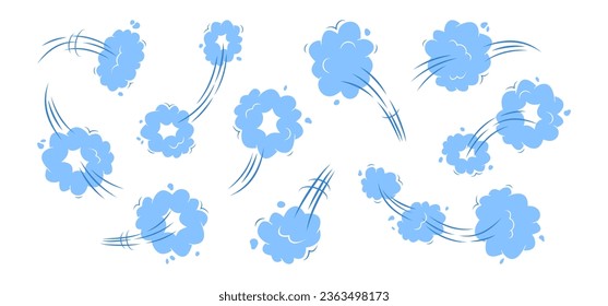 Cartoon cloud jump icon, speed smoke, motion effect, whoosh trail, poof vector set. Fast illustration isolated on white background