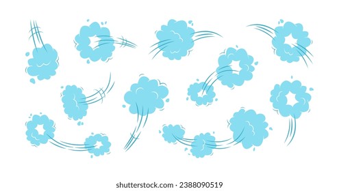 Cartoon cloud jump icon, speed smoke, motion effect, whoosh blue trail, poof vector set. Fast illustration isolated on white background