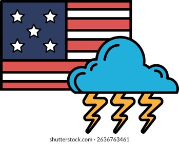 A cartoon of a cloud with lightning bolts and the American flag in the background. Scene is ominous and foreboding
