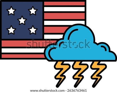 A cartoon of a cloud with lightning bolts and the American flag in the background. Scene is ominous and foreboding