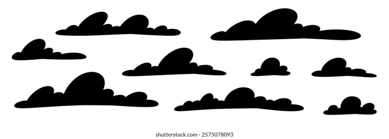 Cartoon cloud on white background in vector style. Black silhouette of simple shapes. Suitable for icons and illustrations. Cloud set.