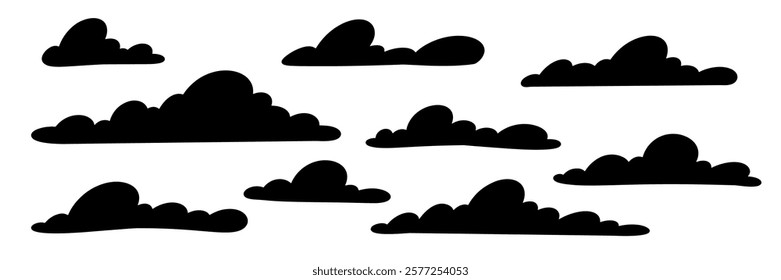 Cartoon cloud on white background in vector style. Black silhouette of simple shapes. Suitable for icons and illustrations. Hand drawn clouds.