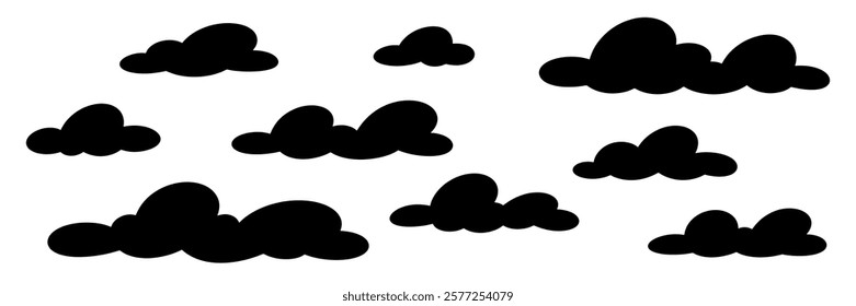 Cartoon cloud on white background in vector style. Black silhouette of simple shapes. Suitable for icons and illustrations.