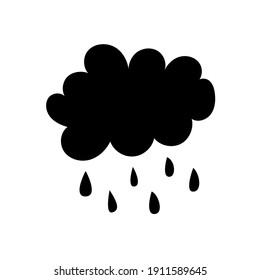 Cartoon cloud with rain drops clipart isolated on white background. Vector illustration. Black silhouette.
